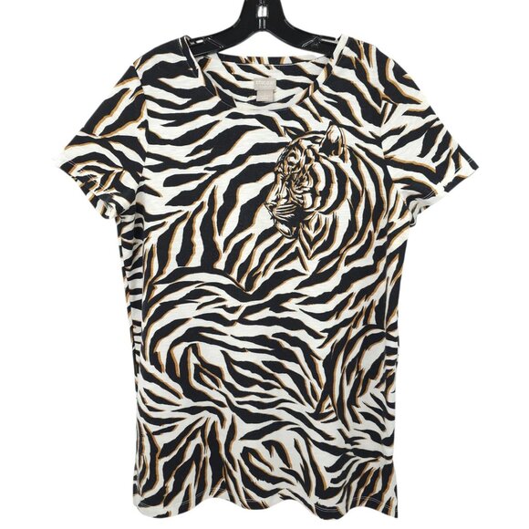 Chicos Zenergy T Shirt Womens 1 US 8/10 Tiger Animal Print Side Slit Stretch - Picture 1 of 16